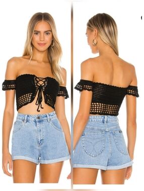 Superdown Naomi Black Crochet Crop  Top Black Medium NWT